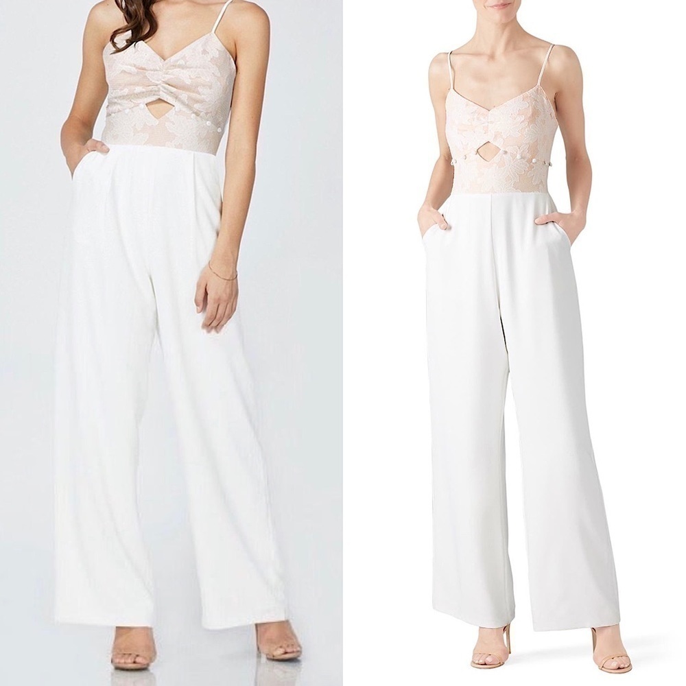 ADELYN RAE Ivory Wide Leg V-Neck Cutout Floral Lace Bodice High Rise Jumpsuit XS